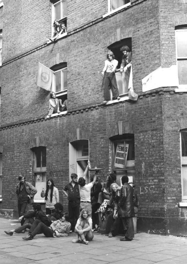Squatters outside an empty building they took over in Broad Court, near Bow Street, Holburn  (Photo by Tim Graham/Getty Images)